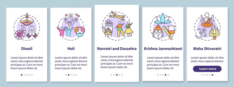 Top Hindu festivals onboarding mobile app page screen with concepts. Krishna Janmashtami. Navratri. Dussehra. Walkthrough 5 steps graphic instructions. UI vector template with RGB color illustrations