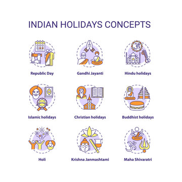 Indian holidays concept icons set. India customs and traditions idea thin line RGB color illustrations. National and religious festivals. Vector isolated outline drawings. Editable stroke