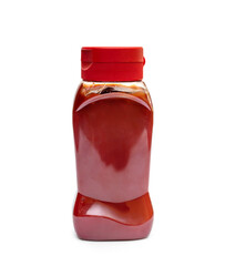 Plastic bottle with ketchup on white.