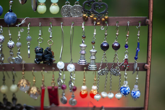 Women's earrings. Decorations at the festival.