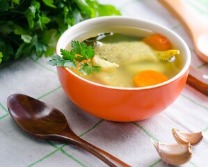 Fish soup served on the table in plate