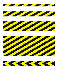 Black and yellow diagonal stripe vector icon collection. Seamless caution and warning sign tape set. Industrial safety and attention symbol line pattern. Isolated on white background.