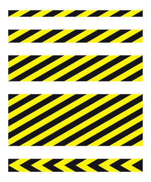 Black and yellow diagonal stripe vector icon collection. Seamless caution and warning sign tape set. Industrial safety and attention symbol line pattern. Isolated on white background.