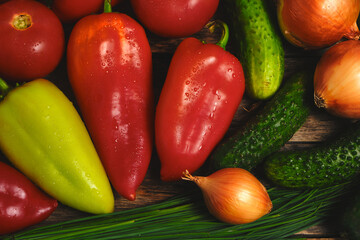 Fresh vegetables, tomatoes,cucumbers, bell peppers and onions.