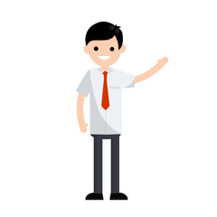 Cartoon flat illustration - young office guy in white shirt and red tie waving hand. happy man company employee. Hand gesture.