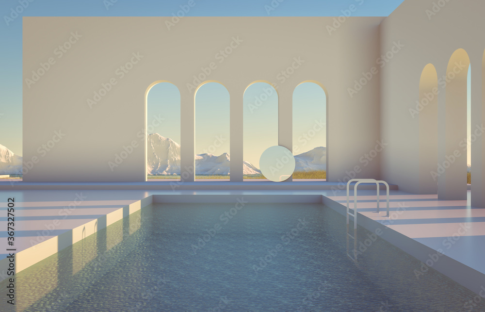Poster abstract winter scene with geometrical forms, arch with a podium in lake view. minimal 3d landscape 