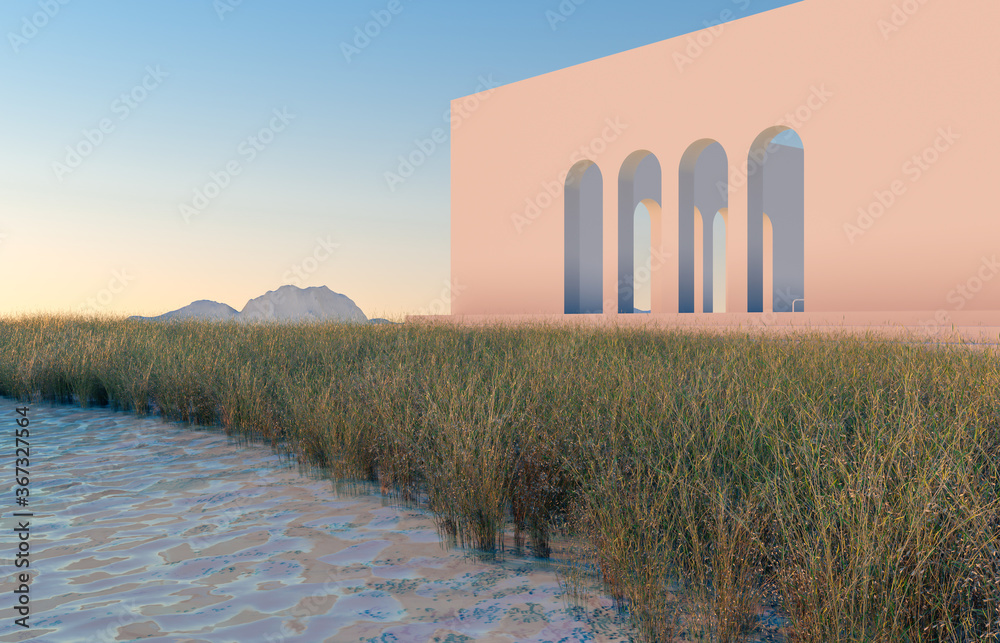 Poster Abstract winter scene with geometrical forms, arch with a podium in lake view. minimal 3d landscape background. 