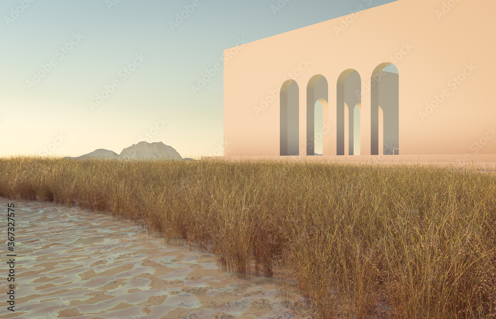 Poster abstract winter scene with geometrical forms, arch with a podium in lake view. minimal 3d landscape 