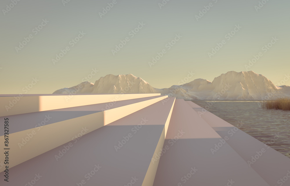 Wall mural abstract winter scene with geometrical forms, a podium in lake view. minimal 3d landscape background