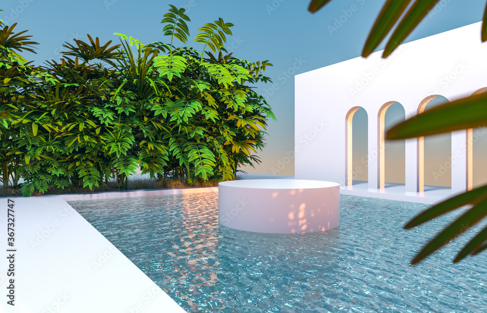 Aufkleber abstract 3d scene with geometrical forms, arch with a poidum in garden and water view.