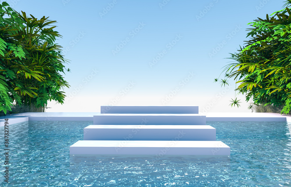 Poster abstract 3d scene with a stairs podium backdrop in garden and water view.