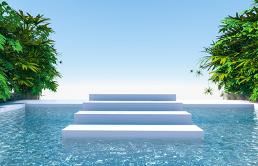 Abstract 3d scene with a stairs podium backdrop in garden and water view.