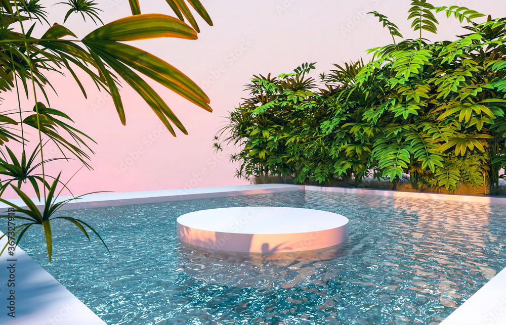 Aufkleber abstract 3d scene with a cylinder podium backdrop in garden and water view.