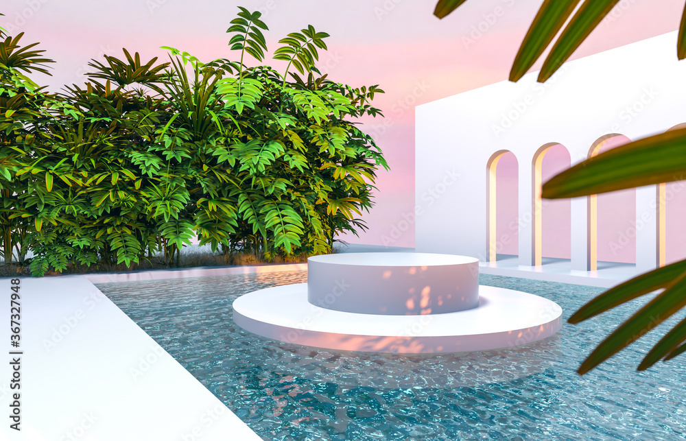 Aufkleber abstract 3d scene with geometrical forms, arch with a poidum in garden and water view.