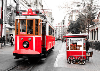 Traditional vintage red tram in Istanbul, Turkey - obrazy, fototapety, plakaty