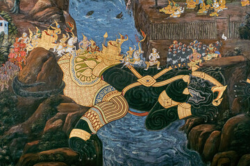 Ancient thai painting Ramayana story. Traditional Thai art of painting on Ancient wall of Thai temple. Public property in Wat Phra Kaew, Temple of the Emerald Buddha, Bangkok,Thailand.  - obrazy, fototapety, plakaty