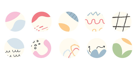 Highlight covers for social media stories   vector . Abstract backgrounds. Various shapes, lines, spots, dots, doodle objects. Hand drawn templates. Round icons. Perfect for bloggers, brands