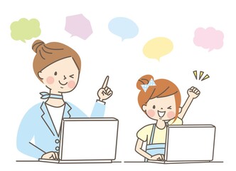 笑顔の親子とパソコン（女の子）