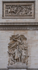 Paris, France - 07 24 2020: Sculptures on the facade of The Triumphal arch