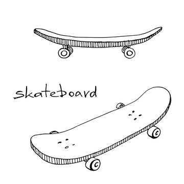 Skateboard icon in sketchy style/ Hand drawn vector illustration
