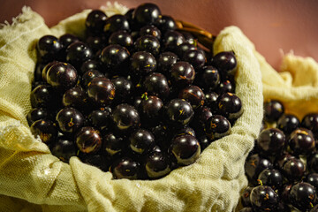 Jabuticaba (Myrciaria cauliflora) fruits clustered on top of a burlap cloth on a light background