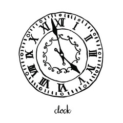 Vintage clock/ Vintage furniture/ Interior design elements/ Hand drawn ink sketch illustration isolated on white background