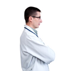 Young man in a white doctor’s coat with a stethoscope posing on a white background in isolation