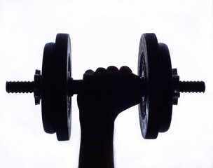 Backlight of hand holding a dumbbell on a white background.
