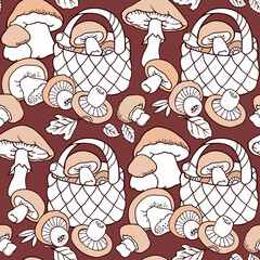 Mushrooms in baskets cartoon seamless pattern