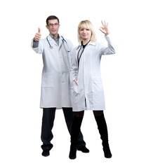 Man and woman in white coats of doctors with stethoscopes on a white background in isolation