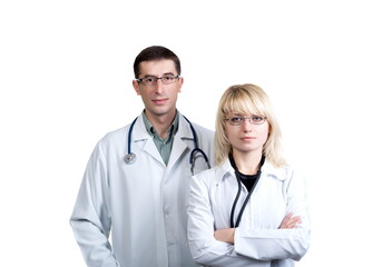 Fototapeta premium Man and woman in white coats of doctors with stethoscopes on a white background in isolation