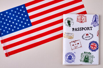 The USA flag and passport. The USA border concept.