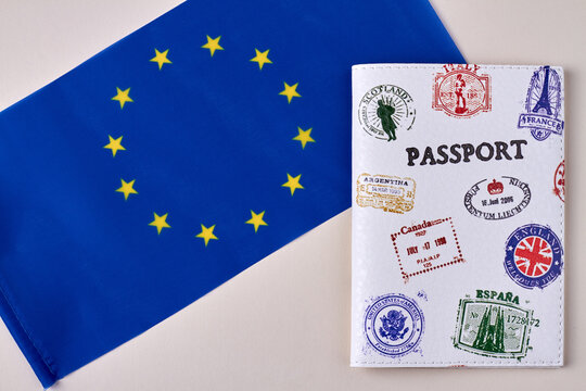 Flag Of European Union And Passport. Schengen Area Travel Concept.