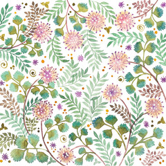 Floral ornament from green twigs, leaves and pink flowers, watercolor handwork, on a white background.