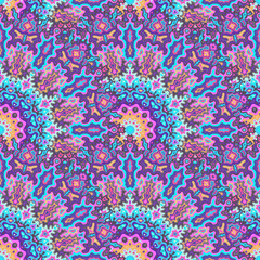 Kaleidoscope flower seamless ornament. Tribal folk vector graphic design. Tangle traditional mandala geometric seamless pattern. Summer swimwear print.