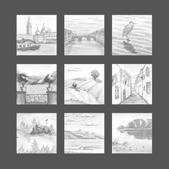 Set of nine different landscapes: bridge, mountains, sea, ship, bird, fir trees, river, trees, houses, fields.