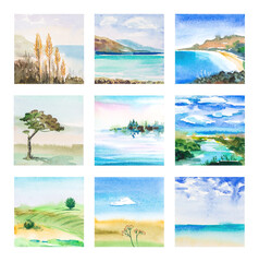A set of 9 landscapes: sea, mountains, fields, trees, dry grass, river, clouds, sky. Watercolor, handmade.