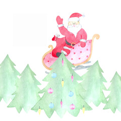 Watercolor illustration of Santa Claus flying in a sleigh among the forest. Ideal for printing, web design, souvenirs, photo albums, scrapbooking and other creative fields.