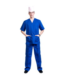 A man in a blue doctor suit and cap on a white background, isolated