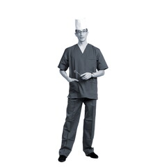 A man in a blue doctor suit and cap on a white background, isolated