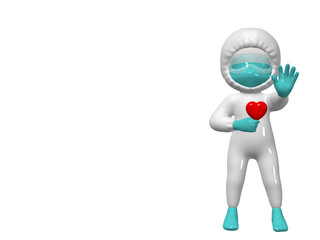 3D cartoon character man Doctor in protective PPE suit, blue medical mask, goggles, gloves showing gesture stop holds heart.  Stop COVID-19, epidemic infectious disease concept art. 3D render