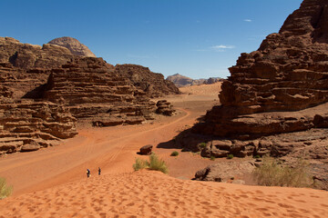 The Wadi Rum Desert has beautiful rocky rocks and red desert.