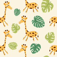 Vector kids cartoon animals seamless pattern with giraffe. Illustration for textile and texture design © eosboy