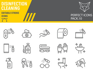 Disinfection line icon set, cleaning symbols collection, vector sketches, logo illustrations, hygiene icons, antibacterial cleaning signs linear pictograms, editable stroke.