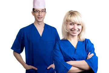 Man and woman in blue medical suits on a white background in isolation