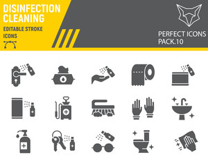 Disinfection glyph icon set, cleaning symbols collection, vector sketches, logo illustrations, hygiene icons, antibacterial cleaning signs solid pictograms, editable stroke.