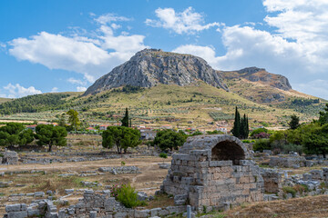 Ancient Corinth with Acrocorinth castle at the background