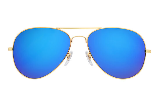 Blue aviator sunglasses with golden frame isolated on white.