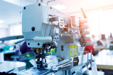 Fabric industry production line. Textile factory. Working tailoring process