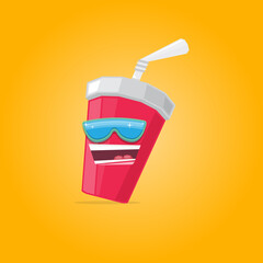 vector funny cartoon cute red party paper cola cup with straw and sunglasses isolated on orange background. funky smiling summer drink character